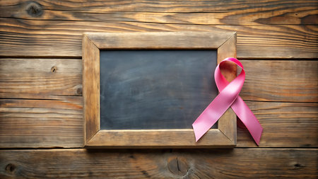 Pink ribbon and blackboard on wooden background. Breast cancer awareness conceptの写真素材