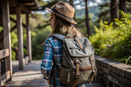Young woman traveler with backpack and hat hiking in the mountains. Hiking concept