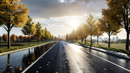 Autumn landscape with asphalt road and colorful trees in city park.の写真素材