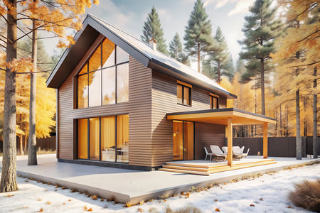 3d rendering of modern cozy chalet with pool and parking for sale or rent in beautiful forest. Massive timber beams columns. Clear sunny winter day with golden leaves anywhere.の写真素材