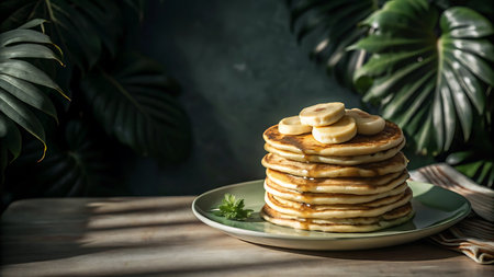 Stack of delicious pancakes with banana on wooden table. Healthy breakfast.の写真素材