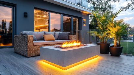 Modern terrace with wooden floor and a view on the garden.の写真素材