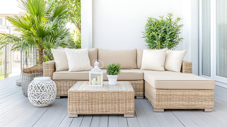 Comfortable sofa with pillows and wicker table on terraceの写真素材