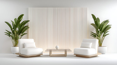 Modern living room interior with white walls, concrete floor, white armchairs and coffee table. 3d...