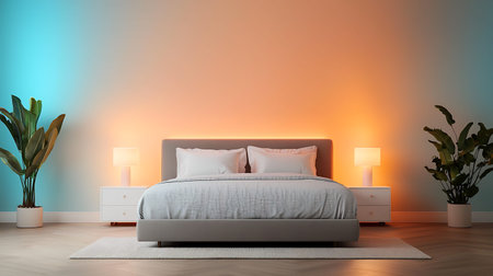 Interior of modern bedroom with orange wall and wooden floor, 3d renderの写真素材