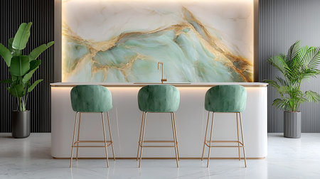 Interior of modern bar with marble walls, concrete floor, white countertops with built in sink and bar stools. 3d renderingの写真素材