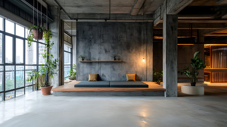 Interior of a modern living room with a concrete wall and a sofaの写真素材