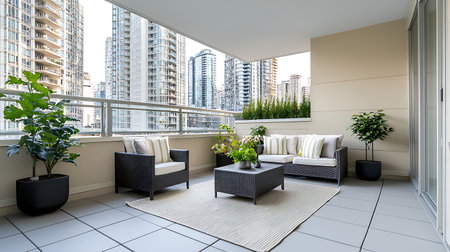 Luxury living room with balcony overlooking the city. Nobody insideの写真素材
