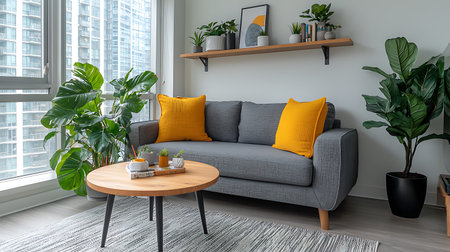 Interior of living room with grey sofa, coffee table and plantsの写真素材