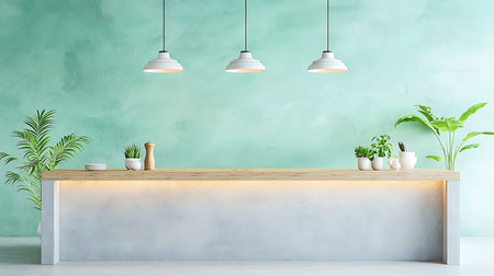 Wooden bar counter in modern living room with green wall and concrete floor. 3d renderingの写真素材