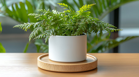 Fern plant in white pot on wooden table in living room.の写真素材