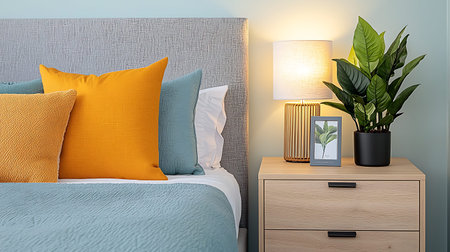 Bedroom interior design with orange pillows. 3d render.の写真素材