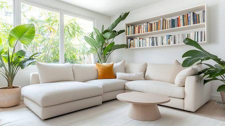 interior of a modern living room with white sofa and bookshelves
