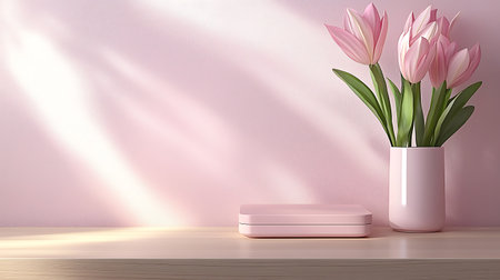 3d rendering of pink podium and flowers in vase on wooden tableの写真素材