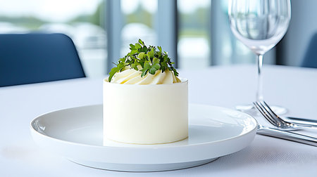 Cream cake with parsley on a white plate on a restaurant table