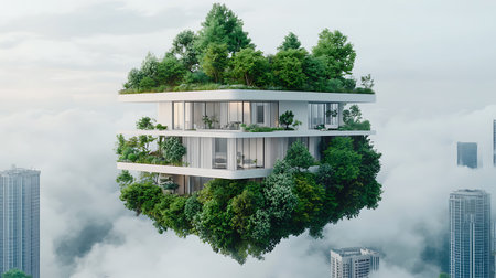 3d rendering of modern cozy house in the middle of the clouds.