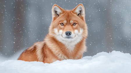 Portrait of a red dog sitting in the snow