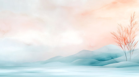 Winter landscape background with snow-covered hills and dry grass. Vector illustration.の写真素材