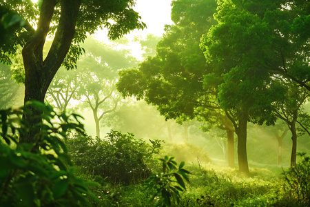 Morning mist in the forest at Doi Angkhang, Chiang Mai, Thailandの写真素材