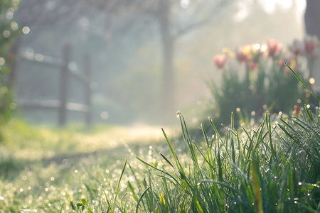 Morning dew on the grass with tulips in the background.の写真素材