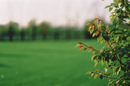 Beautiful green leaves on the background of a green field and trees.