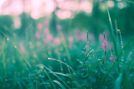Morning dew on the grass in the forest. Soft focus.の写真素材