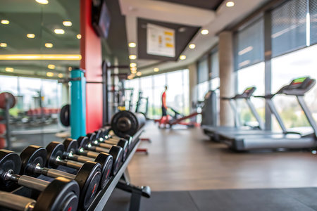 Selective focus point on Dumbbell equipment in fitness gym interior for backgroundの写真素材
