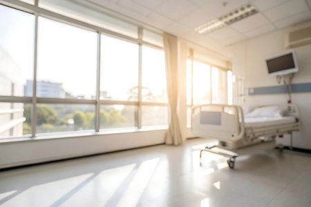 Hospital room with empty bed and light from window, blur backgroundの写真素材