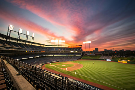 Baseball field and stadium at sunset, blurred background, soft focusの写真素材