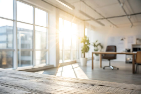 Blurred office interior with wooden floor and daylight.の写真素材