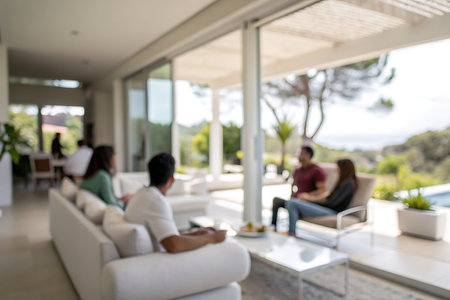 Blurred image of people relaxing on sofa in living room at homeの写真素材
