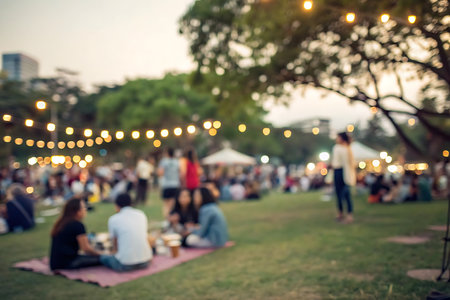 Blurred image of people having picnic in the park with bokeh background.の写真素材