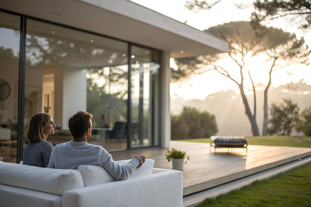 Back view of a young couple sitting on a sofaの写真素材