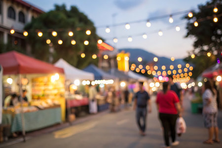 Blurred image of night market with bokeh light background.の写真素材