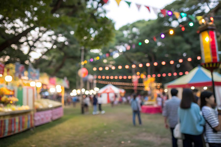 Blurred image of people walking in the park with bokeh background.の写真素材