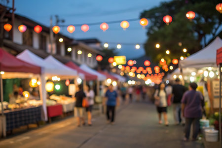 Blurred image of night market with bokeh for background usage.の写真素材