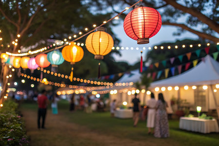 Lanterns and lanterns in the garden at night.の写真素材