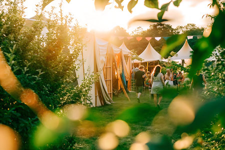 wedding ceremony in the garden at sunset, bride and groomの写真素材