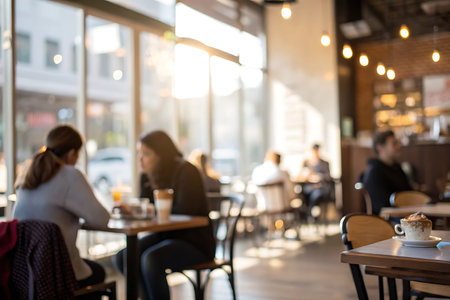 Coffee shop blur background with bokeh image, vintage toneの写真素材