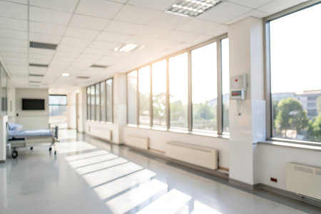 Abstract blur hospital corridor interior for background - Vintage Light filter processing styleの写真素材