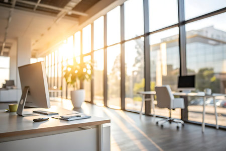 Modern office interior with computer on desk. Blurred background and sunlightの写真素材