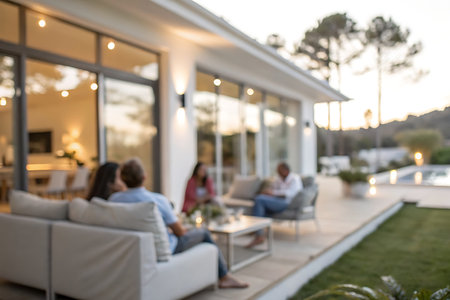 Blurred image of people sitting on sofa in outdoor living area at sunsetの写真素材
