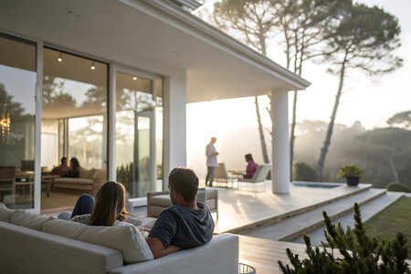 Rear view of young couple relaxing on sofa in patio at homeの写真素材