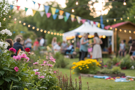 Blurred image of people in a summer garden with bokehの写真素材