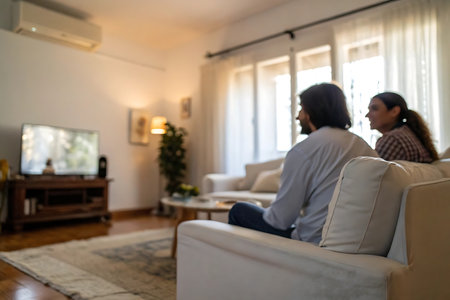 Blurred image of young couple sitting on sofa in living room at homeの写真素材