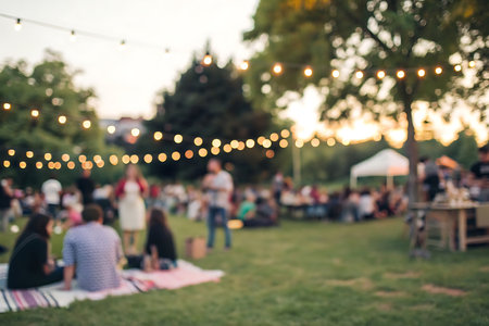 Blurred background of people at a summer festival party with bokeh lights.の写真素材