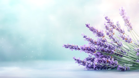 Bunch of lavender flowers on blue background with bokeh effectの写真素材