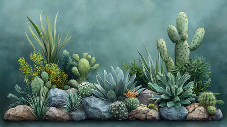 Cacti and succulents in a rock garden. 3D rendering