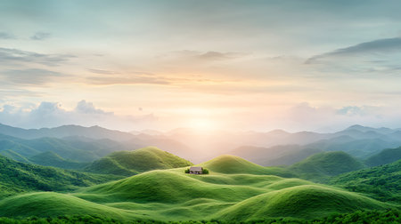Beautiful green hills landscape at sunset with small house on top.の写真素材