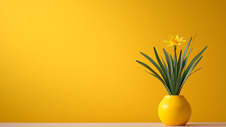 Yellow vase with daffodils on yellow background. 3d renderの写真素材